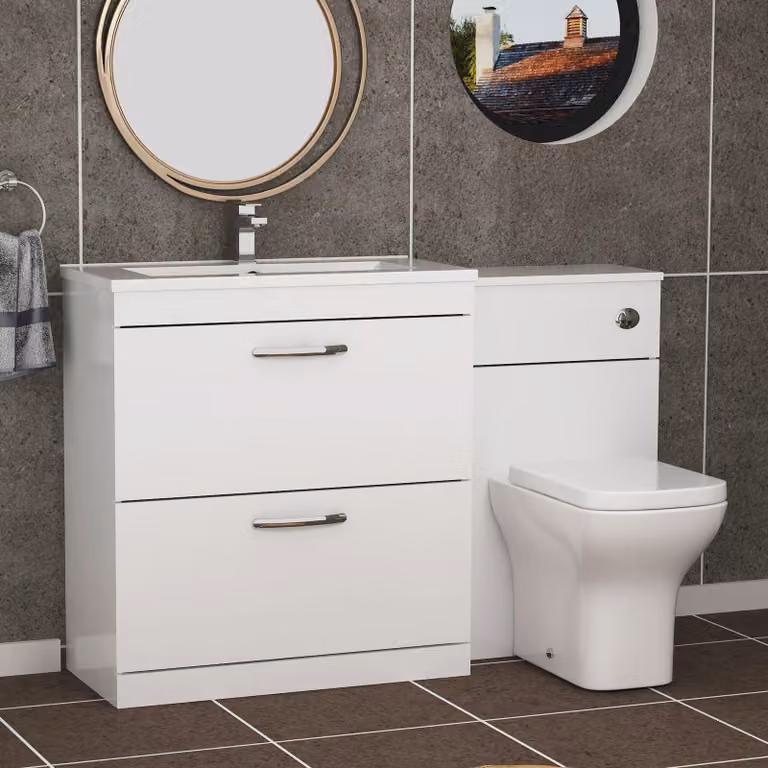 Royal Bathrooms Turin 1300mm Gloss White 2-Drawer Minimalist Basin and Qubix Back to Wall Toilet Pack