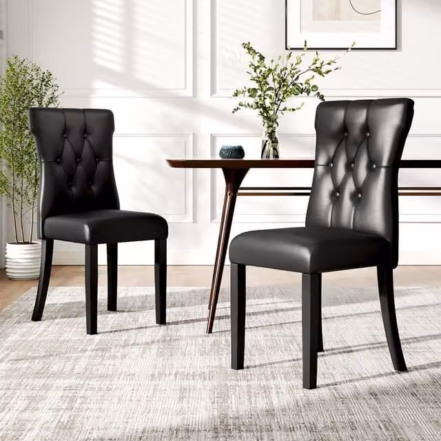 Komore Set of 2 Black Synthetic Leather Dining Chairs with Rubberwood Legs