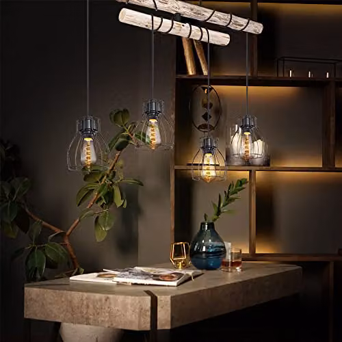 Netlighting Mina Bar Pendant Ceiling Light in Black and Wood with 4x E27 Sockets – 3