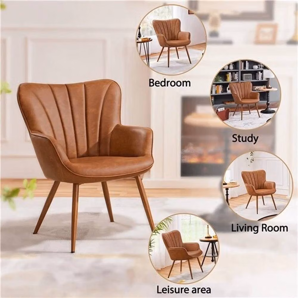 KORVIXA Mid-Century Modern Synthetic Leather Tub Accent Chair in Brown – 4