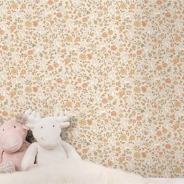 Grandeco Liberty Floral Bunny Trail Nursery Textured Wallpaper in Beige, Green, Pink and Purple