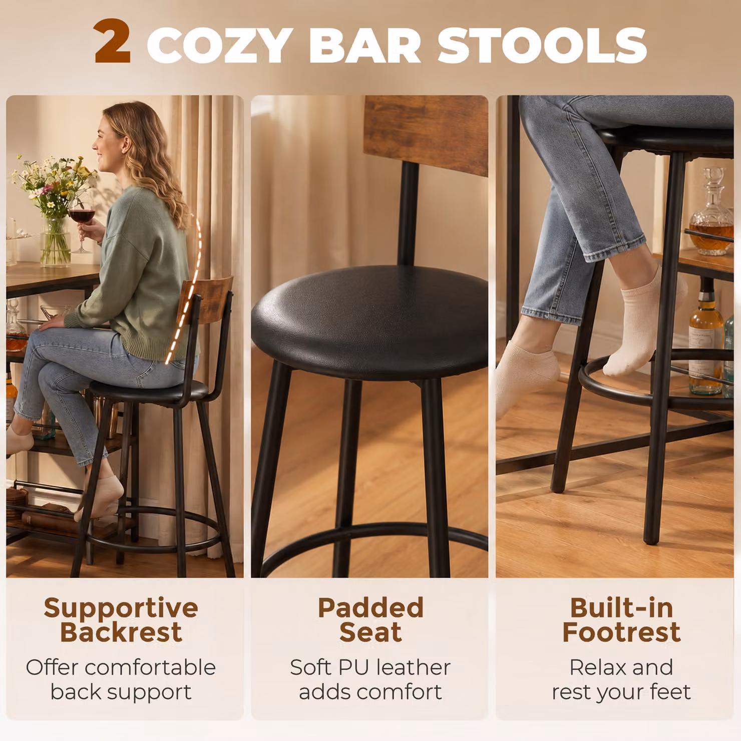 HOMCOM 3 Piece Breakfast Bar Table Set with Storage Shelves and PU Leather Stools in Rustic Brown – 5