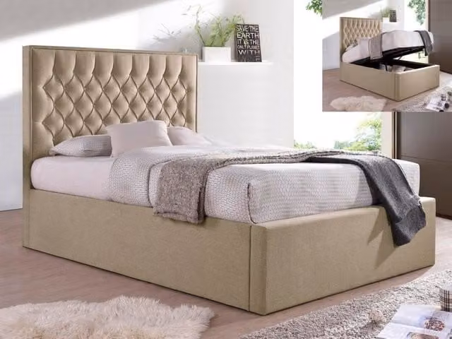 Bedmaster Wilson Upholstered Ottoman Bed Frame in Beige Fabric, 140 x 200 cm