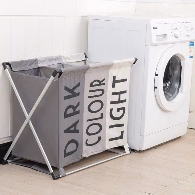 Livingandhome Collapsible 3-Section Fabric Laundry Hamper Organiser in Grey and White