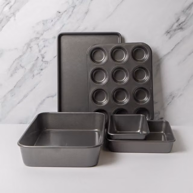 MasterClass Non-Stick Carbon Steel Baking Set including Roaster, Baking Tray, 12-Hole Square Pan and Loaf Pan, Grey