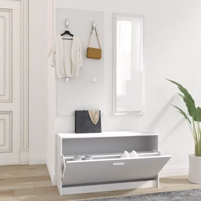 Berkfield Home 3-in-1 Modern White Shoe Cabinet Set with Mirror and Wall Rack