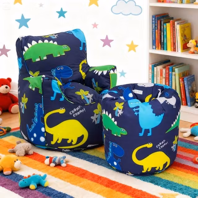 Ready Steady Bed Kids Dino Printed Bean Bag Chair in Dark Blue and Multicolour
