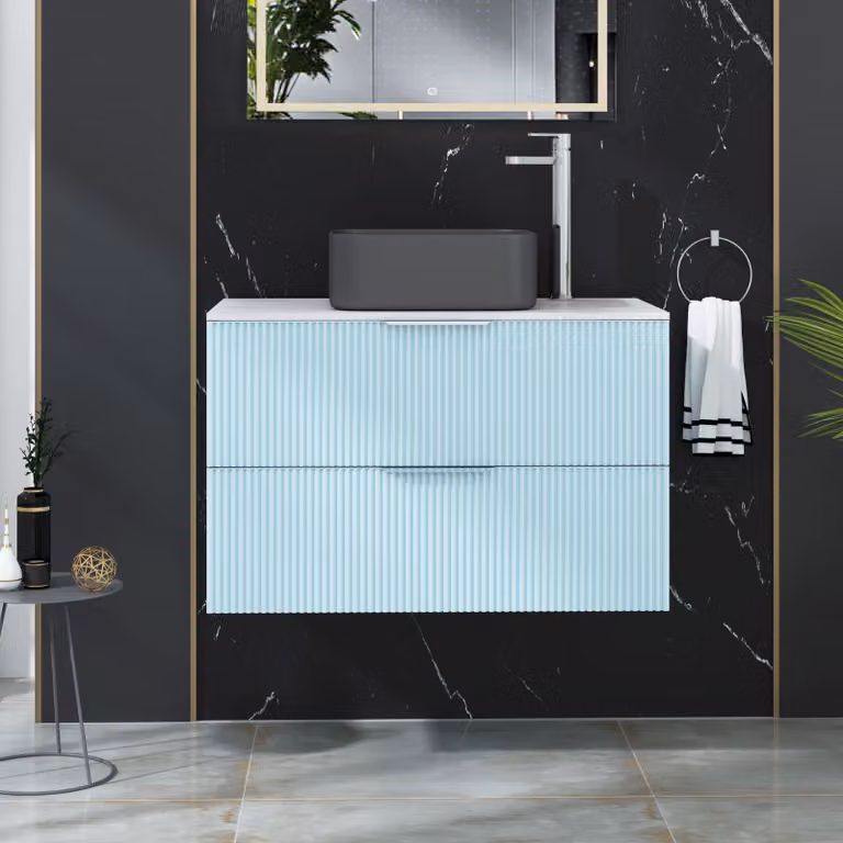 Royal Bathrooms Evora 800mm Powder Blue Fluted Wall Hung Countertop Vanity Unit with 2 Drawers and Art Square Basin