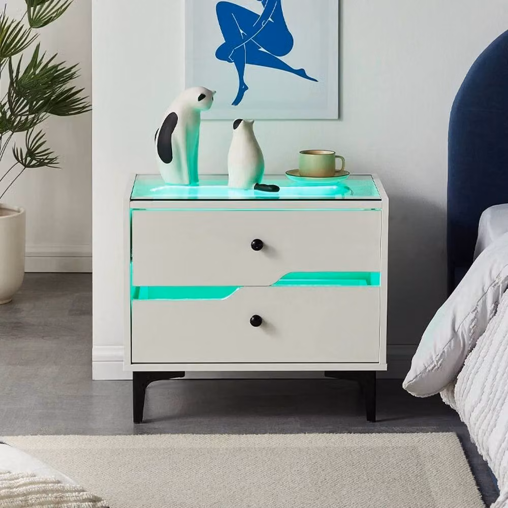 FLAVORA White High Gloss LED Bedside Table with 2 Drawers – 5