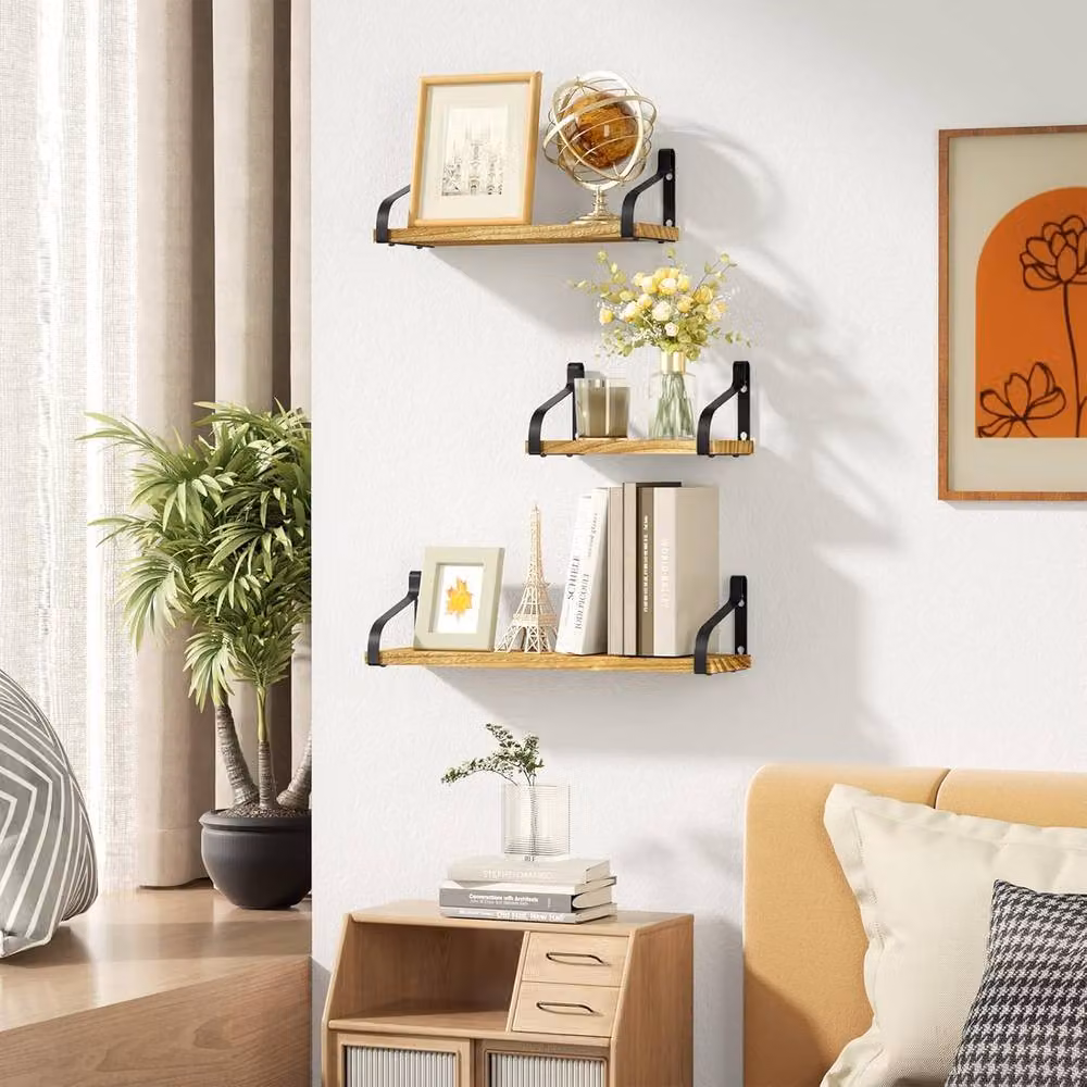 MANTRARAJ 3 Piece Brown Wooden Floating Shelves, Wall Mounted Display and Storage Units – 2