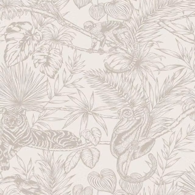 Erfurt Tropical Floral and Animal Patterned Vinyl Wallpaper in White, Silver and Grey