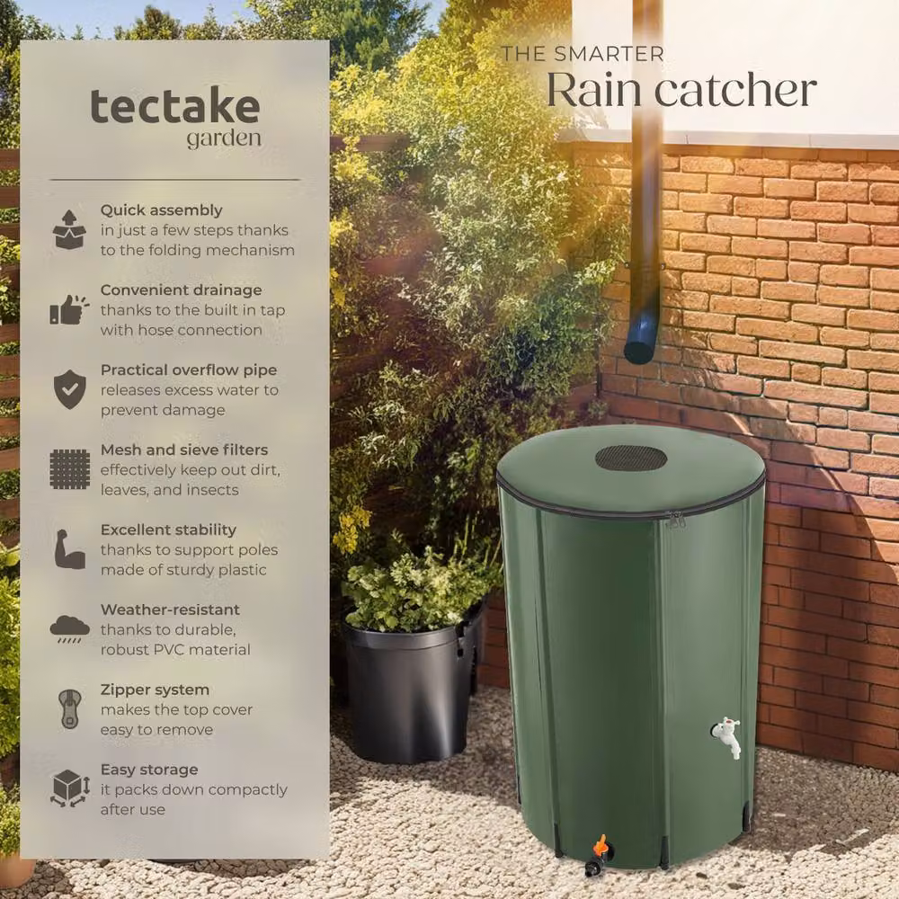 tectake Green Rain Barrel with Tap and Overflow Protection, 380 l – 2