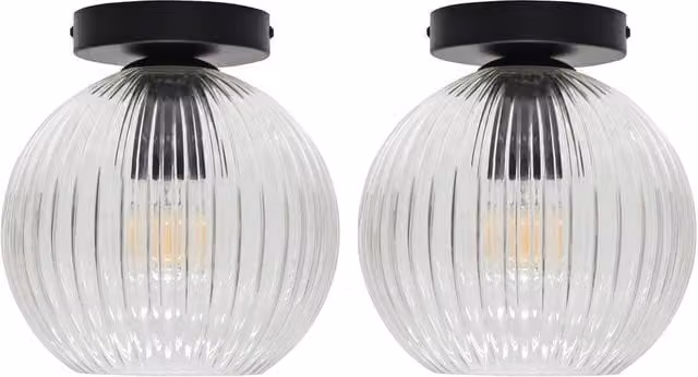 First Choice Lighting Betchley Set of 2 Black Ceiling Lights with Transparent Ribbed Glass Globes