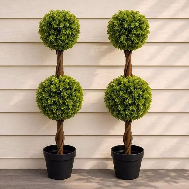 Botanik Leaf Premium Pair of Green Double Ball Topiary Artificial Trees, Height: 90 cm