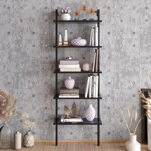Decorotika Piante 5-Tier Modern Bookshelf in Black and Black Marble Effect