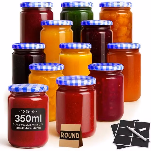 Volila 12 Pack Round Glass Jam Jars with Screw Lids, 350ml, Blue