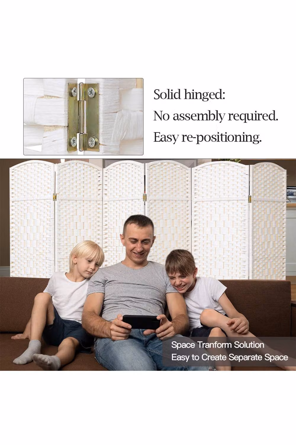 Livingandhome Folding Solid Wood Room Divider Privacy Screen in White – 2