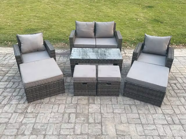 Fimous High Back Rattan Garden Furniture Set in Dark Grey with Rectangular Coffee Table, Armchairs, and Footstools