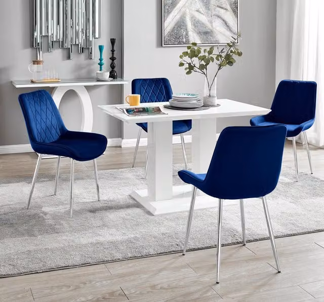 FurnitureboxUK Imperia 4 Seater Dining Set with White High Gloss Rectangular Table and 4 Navy Blue Velvet Chairs, W/D/H: 120 x 70 x 75 cm