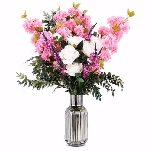 Leaf Design Mixed Floral Artificial Flower Display with Glass Vase in White and Pink – 1