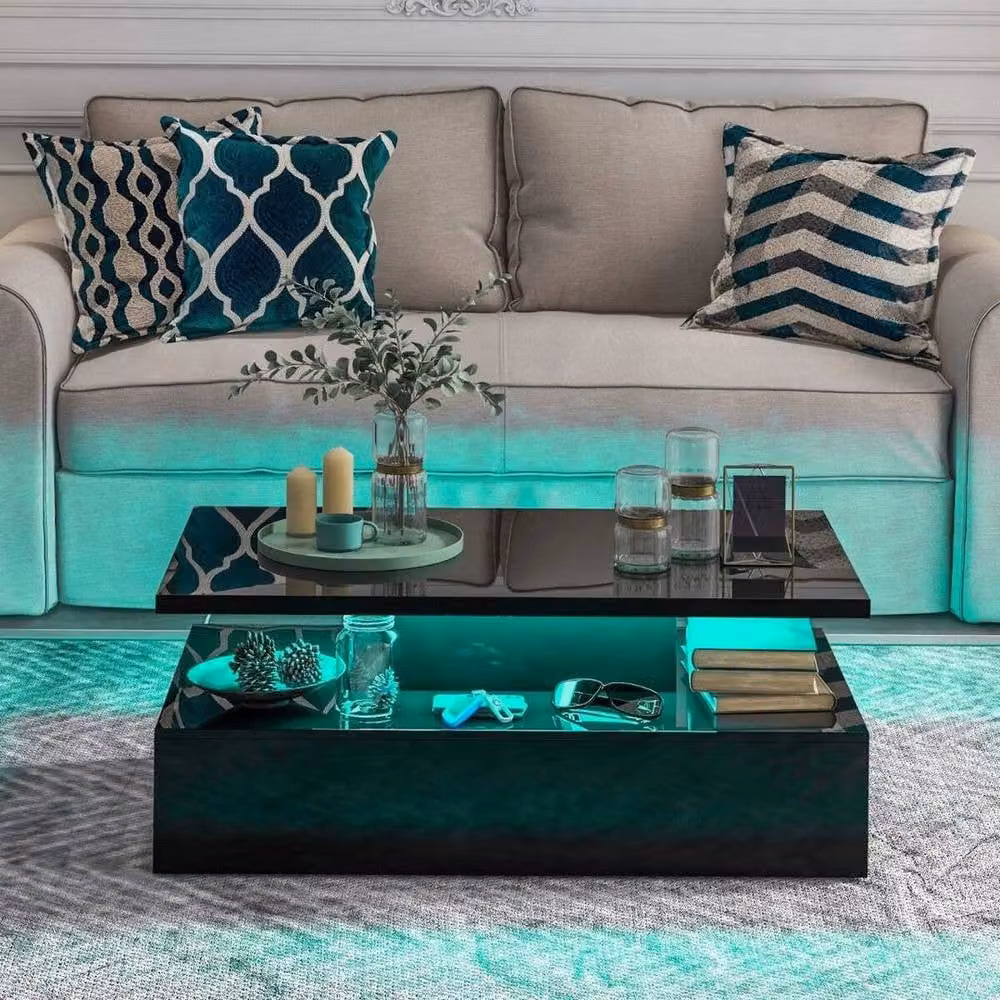 FORGEVIO 2 Tier Modern Black Coffee Table with 20 Colour LED Lights – 5