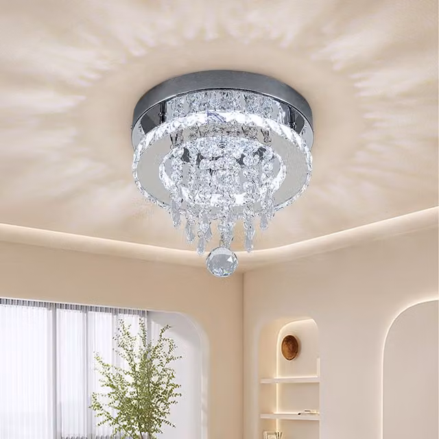Livingandhome Crystal Drop Ceiling Light in Chrome and Transparent White with Cool White Illumination