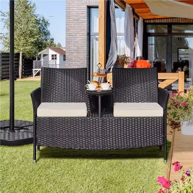 Yaheetech Modern Black Rattan and Metal Outdoor Double Chair Set with Glass Table