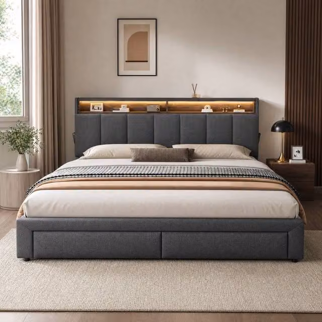 STILVORA Grey Fabric Ottoman Bed with Storage, LED Lighting and USB Charging Station, W/D/H: 180 x 200 x 112 x 162 cm