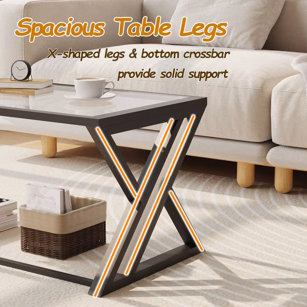 Huhote Modern Geometric Glass Coffee Table with Metal X-Frame in Transparent Clear – 6