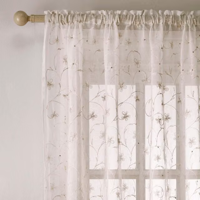 Terrys Cream Floral Single Voile Fabric Panel Curtain with Rod Pocket