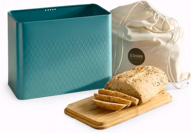 Cooks Professional Diamond Pattern Bread Bin with Linen Bag and Bamboo Cutting Board Lid in Petrol Blue – 1