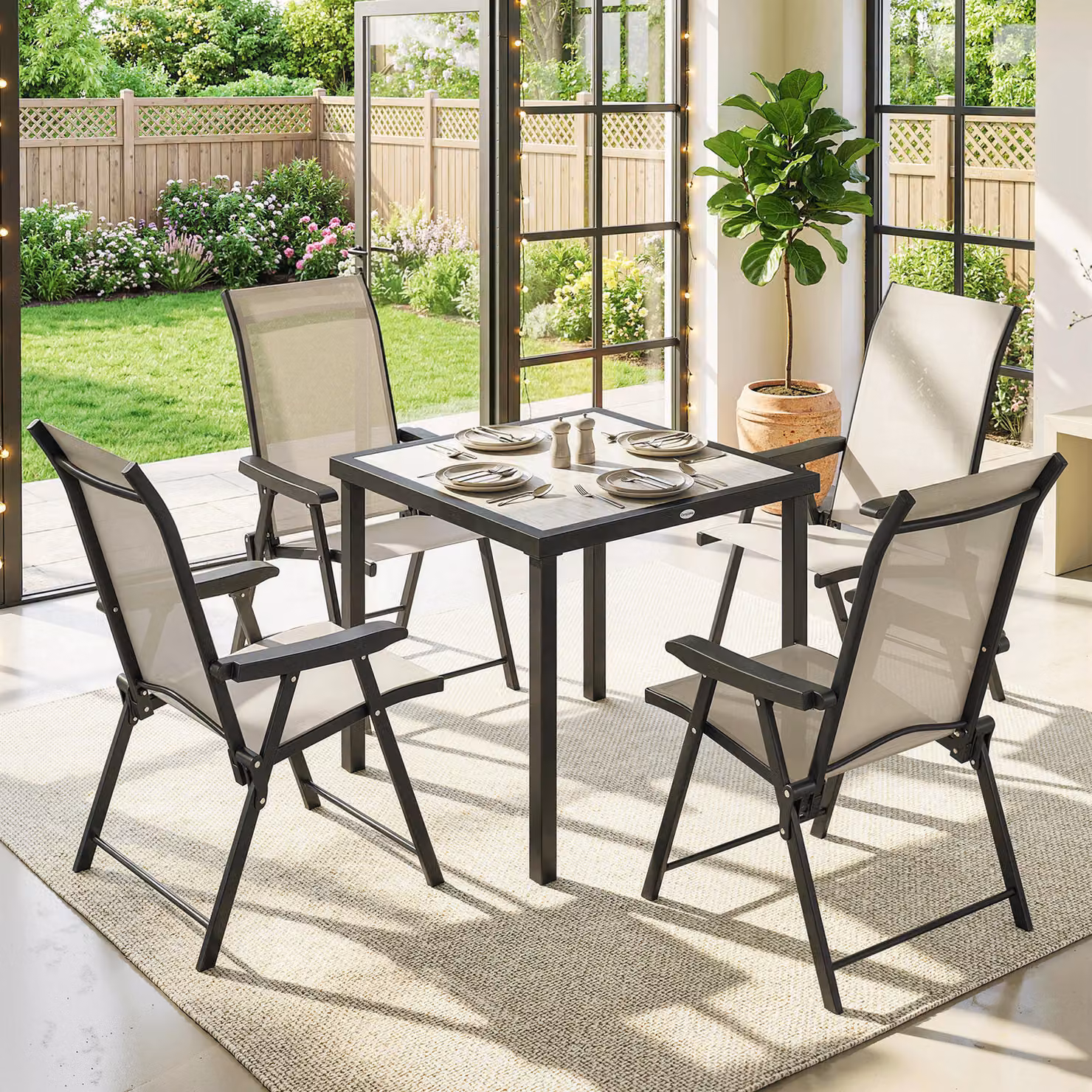 Outsunny 5 Piece Outdoor Dining Set with Square Table and Folding Chairs in Brown and Beige – 7