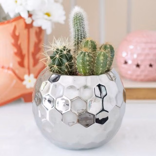 Uniqueful Silver Disco Ball Ceramic and Metal Tabletop Vase, Height: 15 cm