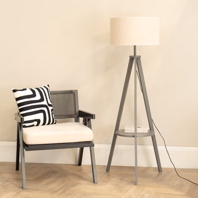 Morrigan Wood Tripod Floor Lamp with Grey Fabric Shade