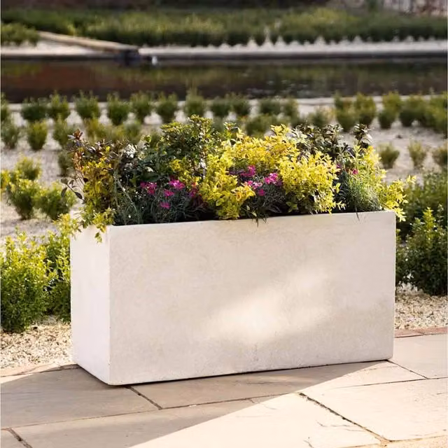 Primrose Small Rectangular Fiberstone Trough Planter in White, W/D/H: 40 x 80 x 30 cm