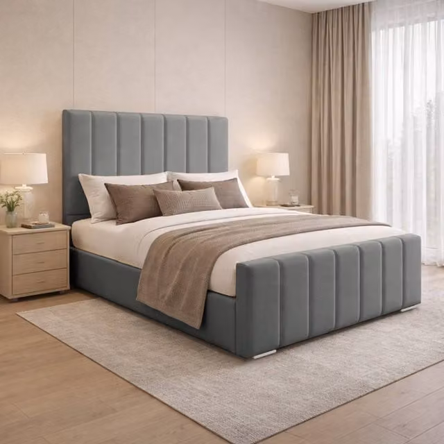 Desire Deco Eleanor Upholstered Plush Velvet Panel Bed Frame in Grey, W/D/H: 180 x 200 cm