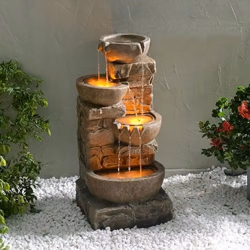 Teamson Home Brown Cascading Bowls and Stacked Stones LED Outdoor Water Fountain, H 84.5 cm x W 39.4 cm x D 38.7 cm – 2