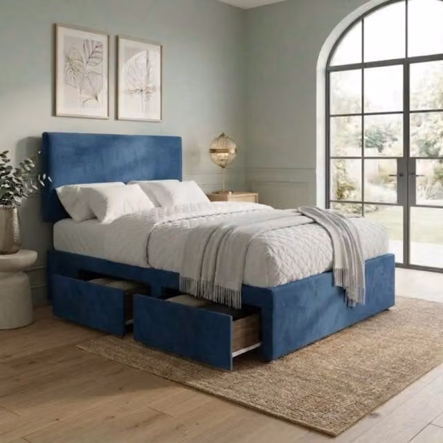 Bed Time UK Plush King Size Divan Bed with 2 Drawers, 20" Plain Headboard and Hybrid Memory Mattress in Blue, W/D/H: 180 x 200 cm