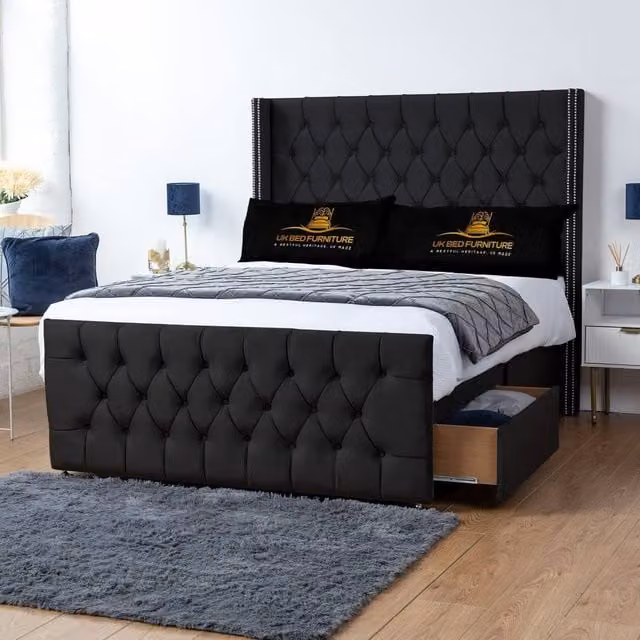 UK Bed Furniture Emily Wingback Divan Bed with 2 Foot End Drawers and 54 Inch Headboard in Black, Size: Double (140 x 200 cm)