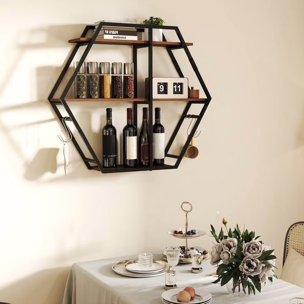 Gymax Industrial Geometric Hexagon Wall Shelves with Hooks and Metal Frame in Brown – 7