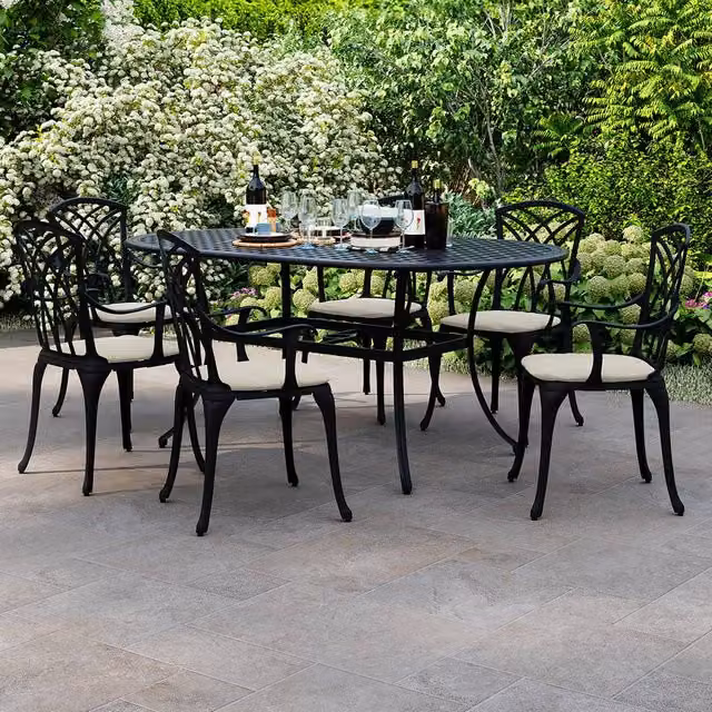 Charles Bentley 7 Piece Black Cast Aluminium Garden Furniture Set with Cream Cushions, W/D/H: 153 x 90 x 72 cm – 1