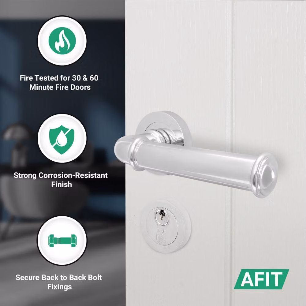 AFIT Chrome Fire Door Handle Euro Lock Double Cylinder Set with Hinges in Silver, W/D/H: 15 x 15 cm – 2