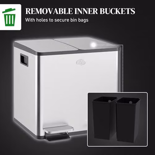 HOMCOM Dual Kitchen Pedal Bin with Soft Close Lids and Odour Filter, Stainless Steel, Silver Tone, W/D/H: 43.2 x 30.0 x 36.6 cm – 5