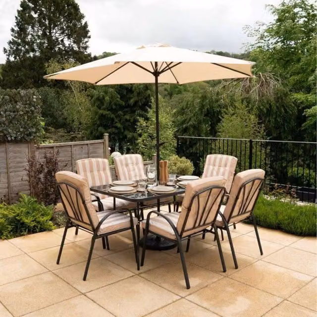 Primrose 6 Seater Rectangular Tempered Glass Dining Set with Crank Parasol in Beige