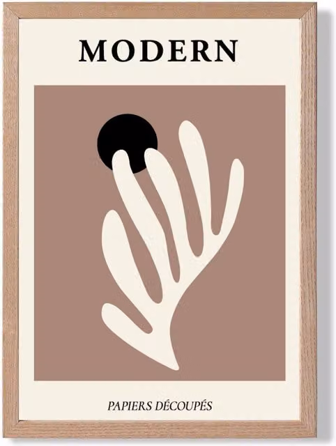 ARTZE Matisse Floral Cutout Mid Century Framed Print in Cream and Brown with Oak Frame