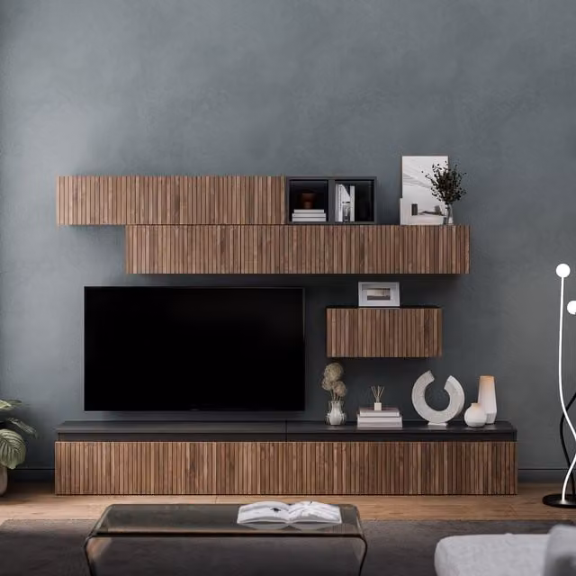 Decorotika Colmar Modern Wall Mounted Entertainment Center with Open Shelves in Black and Brown