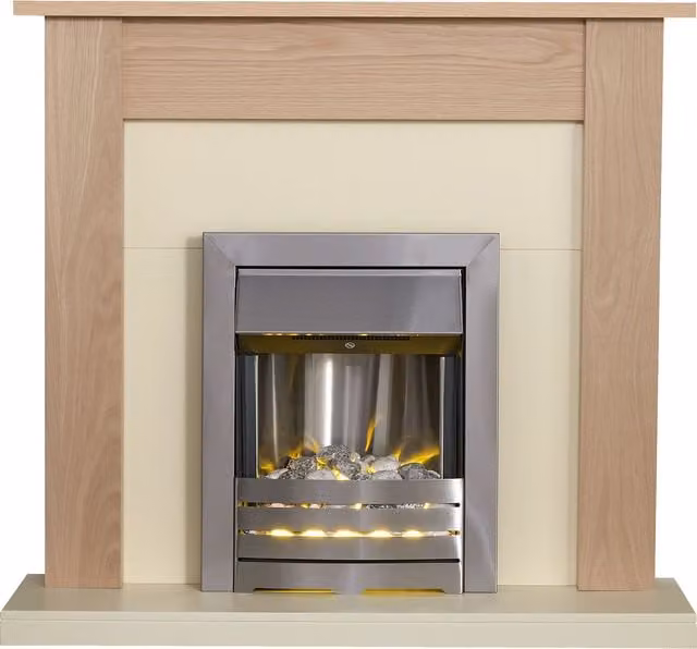 Adam Fires & Fireplaces Southwold Fireplace in Oak and Cream with 43 Inch Helios Electric Fire in Brushed Steel and Grey
