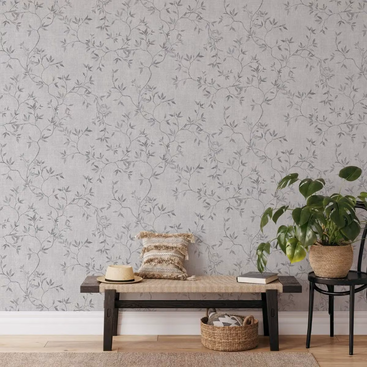 Muriva Darcy James Collection Japandi Leaf Textured Wallpaper in Grey – 2