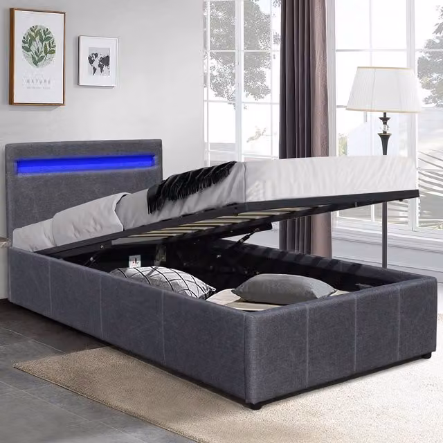 Comfy Living Modern Upholstered Gas Lift Ottoman Bed Frame with LED Under-bed Lighting in Grey Single