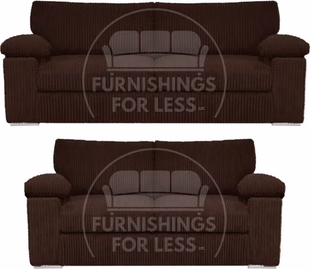 Furnishings For Less UK Delta Jumbo Cord Fabric Sofa Suite with Padded Arms, 3 and 2 Seater, Chocolate Brown – 1